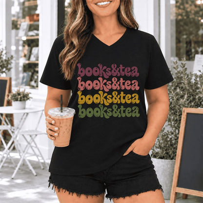 Books & Tea Retro Ultra-Soft V-Neck | Cozy Book Lover Gift Black