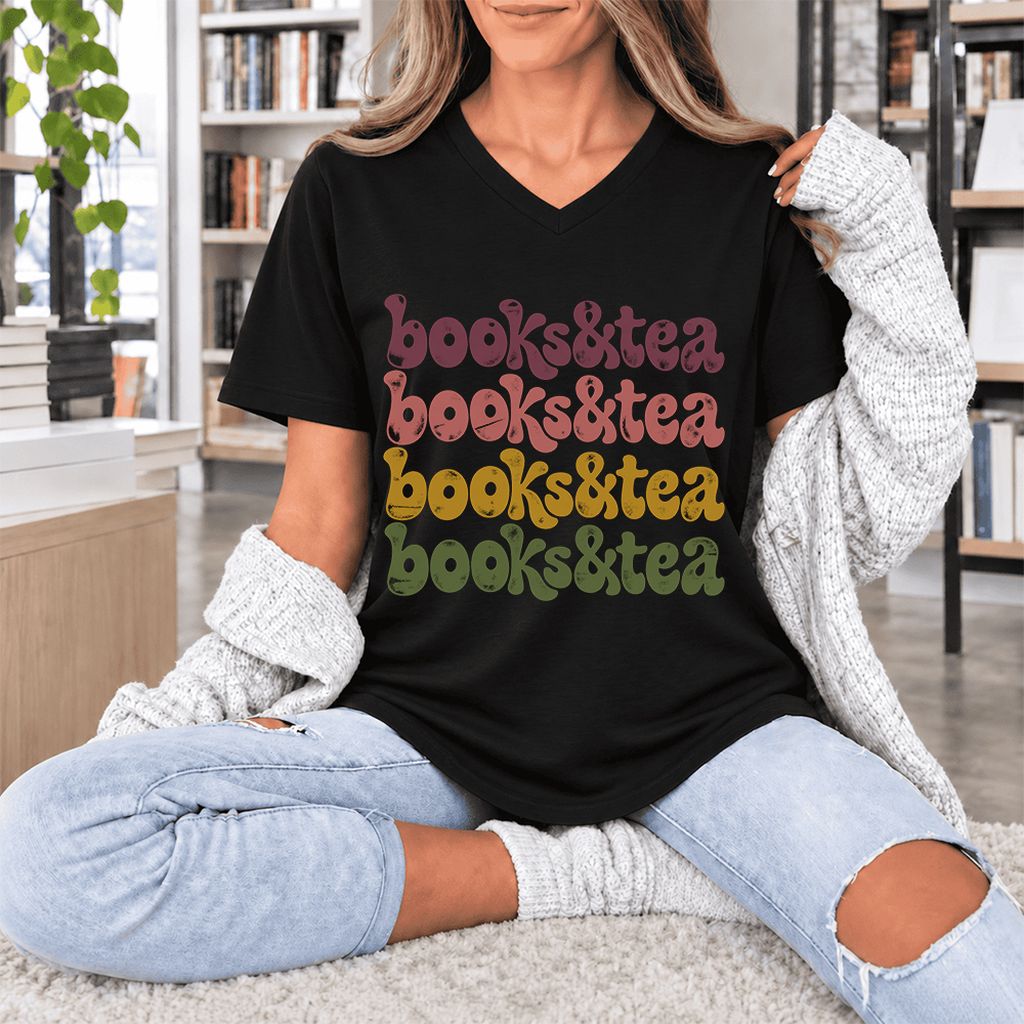 Books & Tea Retro Ultra-Soft V-Neck | Cozy Book Lover Gift Black
