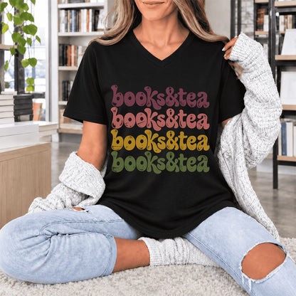 Books & Tea Retro Ultra-Soft V-Neck | Cozy Book Lover Gift Black