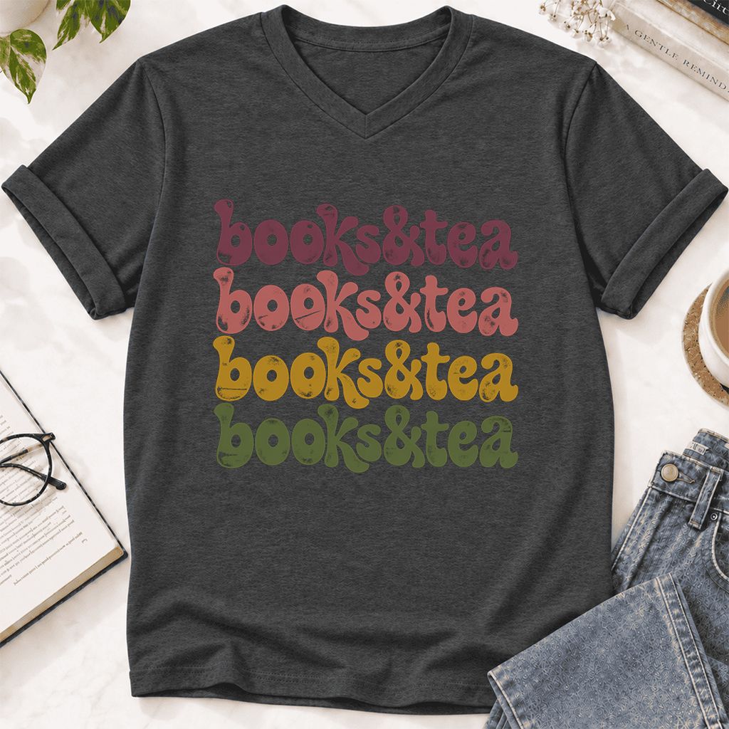 Books & Tea Retro Ultra-Soft V-Neck | Cozy Book Lover Gift Dark Grey Heather