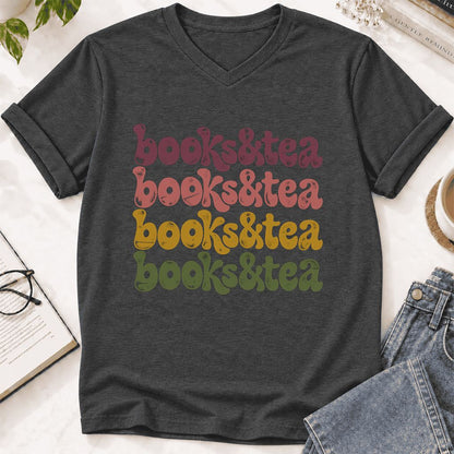 Books & Tea Retro Ultra-Soft V-Neck | Cozy Book Lover Gift Dark Grey Heather
