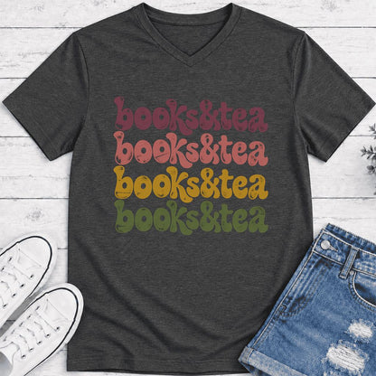 Books & Tea Retro Ultra-Soft V-Neck | Cozy Book Lover Gift Dark Grey Heather