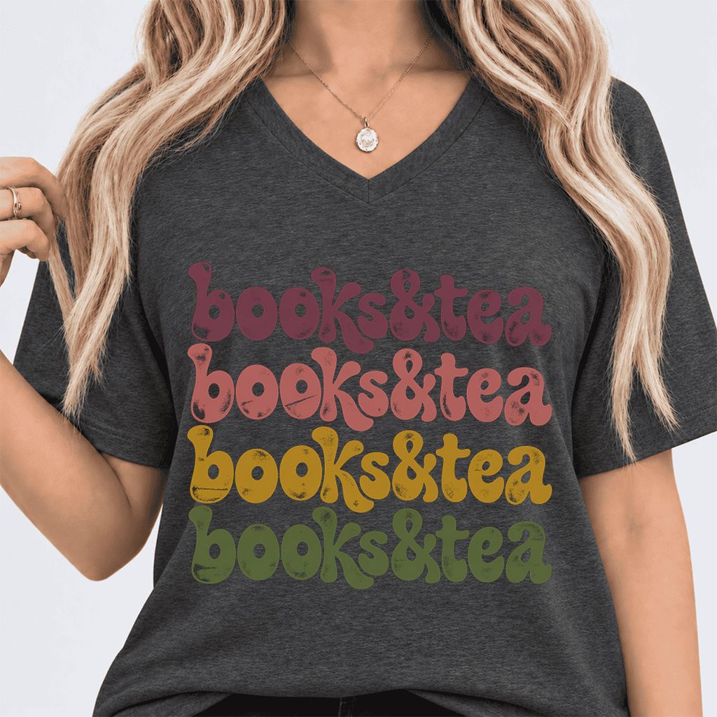 Books & Tea Retro Ultra-Soft V-Neck | Cozy Book Lover Gift Dark Grey Heather