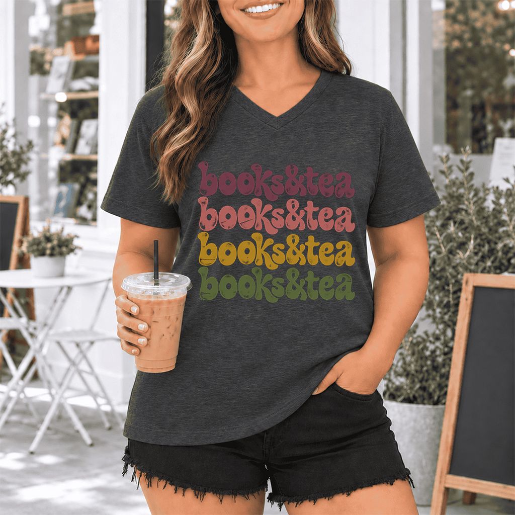 Books & Tea Retro Ultra-Soft V-Neck | Cozy Book Lover Gift Dark Grey Heather