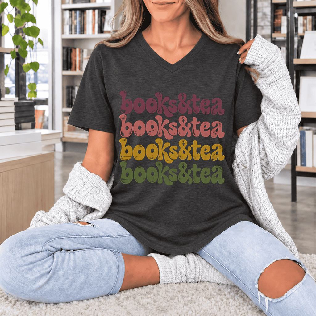 Books & Tea Retro Ultra-Soft V-Neck | Cozy Book Lover Gift Dark Grey Heather