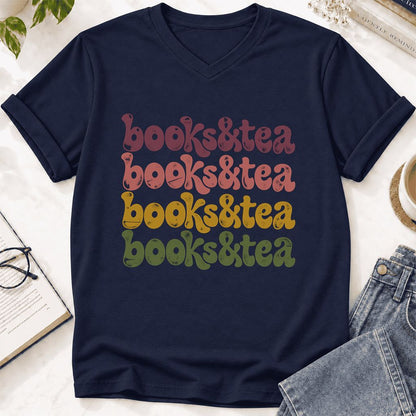 Books & Tea Retro Ultra-Soft V-Neck | Cozy Book Lover Gift Navy