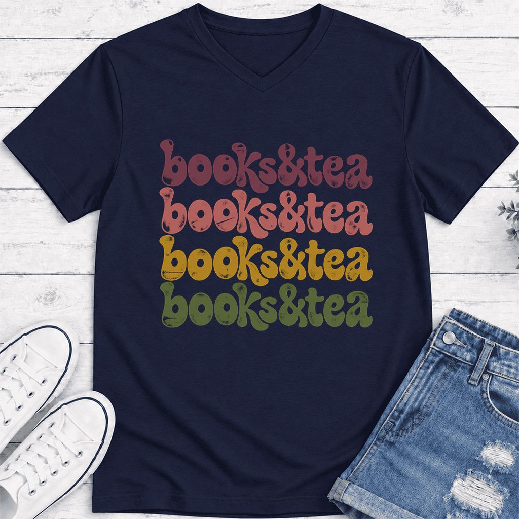 Books & Tea Retro Ultra-Soft V-Neck | Cozy Book Lover Gift Navy