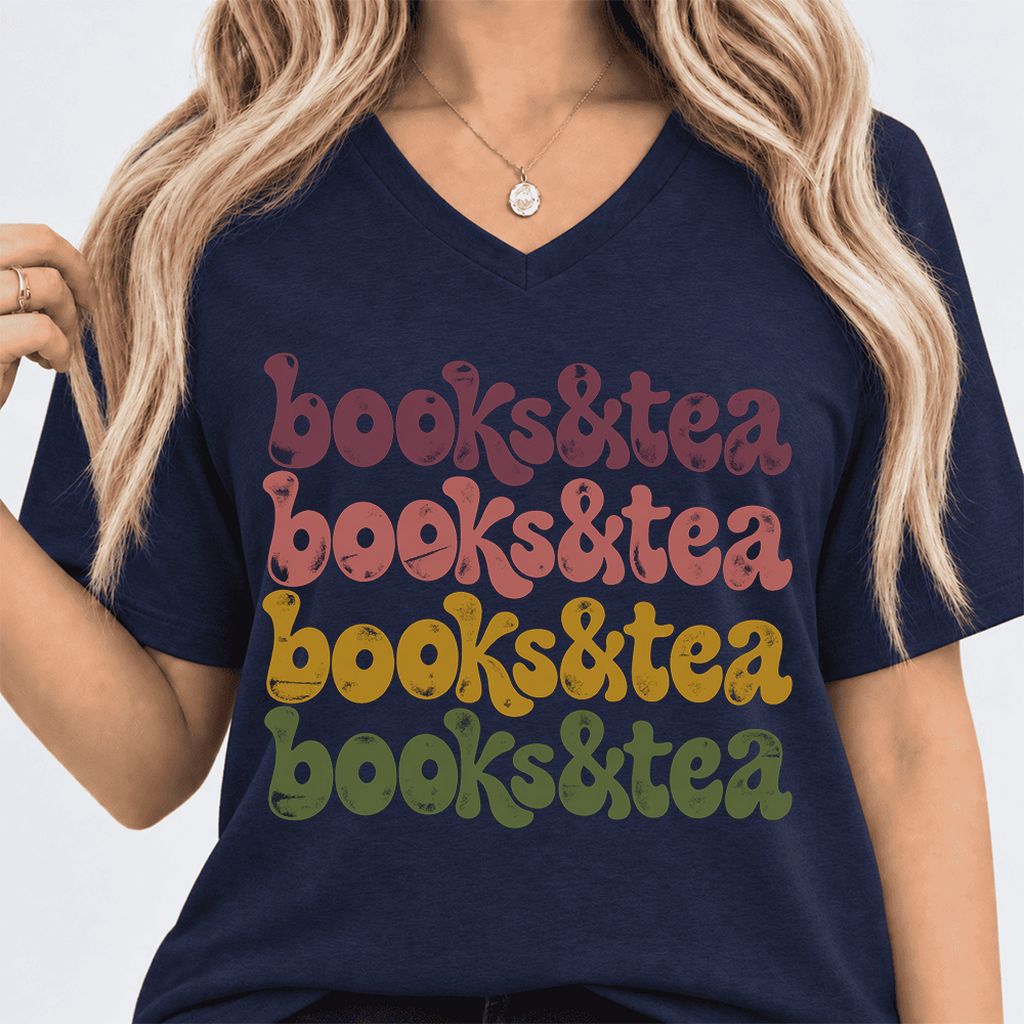 Books & Tea Retro Ultra-Soft V-Neck | Cozy Book Lover Gift Navy
