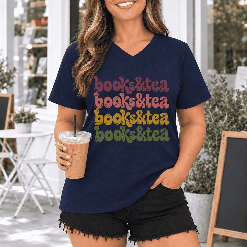 Books & Tea Retro Ultra-Soft V-Neck | Cozy Book Lover Gift Navy