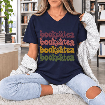 Books & Tea Retro Ultra-Soft V-Neck | Cozy Book Lover Gift Navy