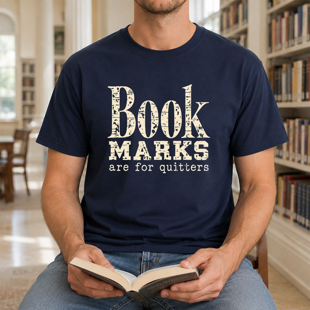 Bookmarks Are For Quitters Printed T-Shirt | Funny Book Lover Gift Navy