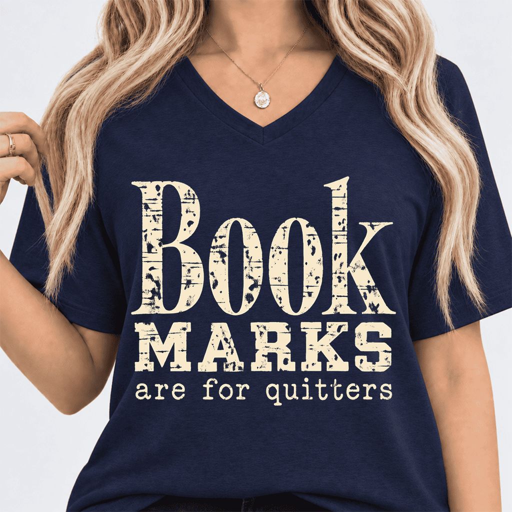 Bookmarks Are For Quitters Ultra-Soft V-Neck | Funny Book Lover Gift Navy