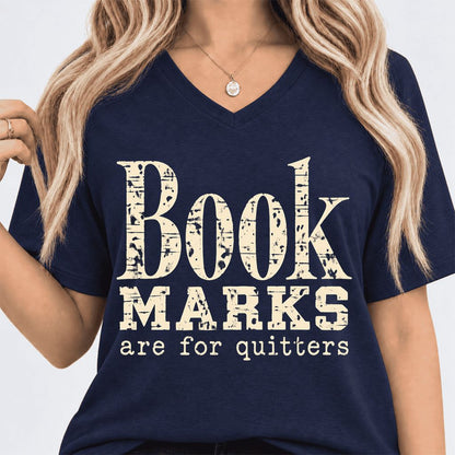 Bookmarks Are For Quitters Ultra-Soft V-Neck | Funny Book Lover Gift Navy