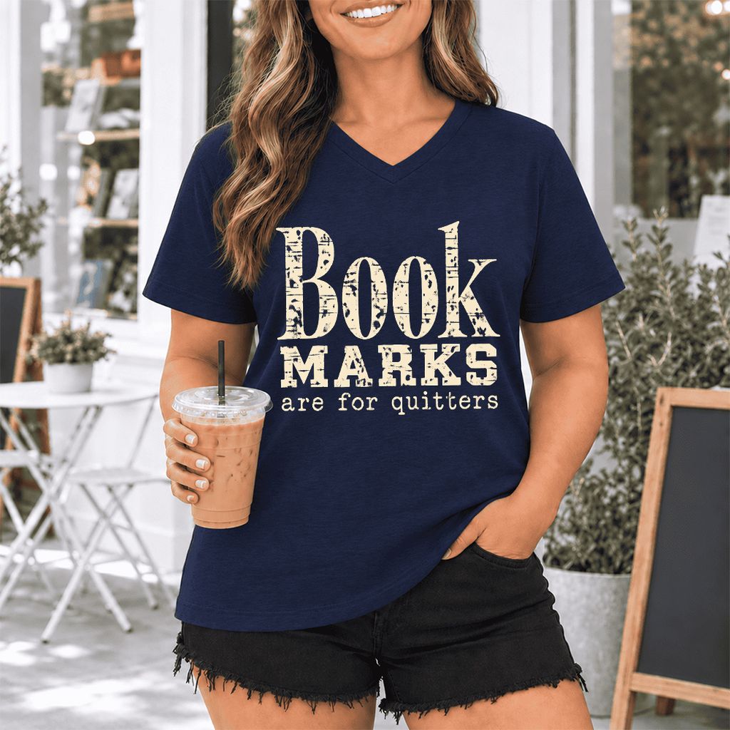 Bookmarks Are For Quitters Ultra-Soft V-Neck | Funny Book Lover Gift Navy