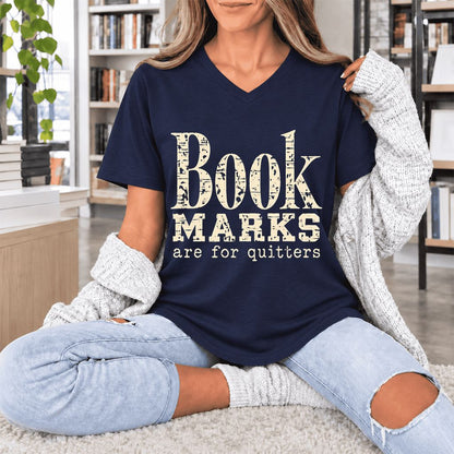Bookmarks Are For Quitters Ultra-Soft V-Neck | Funny Book Lover Gift Navy