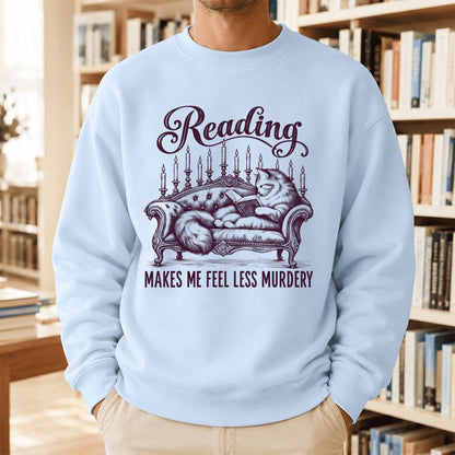 Reading Makes Me Feel Less Murdery Crewneck Sweatshirt | Funny Cat Reader Gift Light Blue
