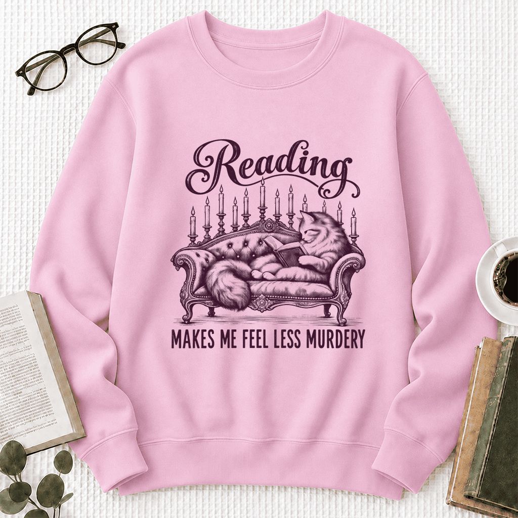 Reading Makes Me Feel Less Murdery Crewneck Sweatshirt | Funny Cat Reader Gift Light Pink