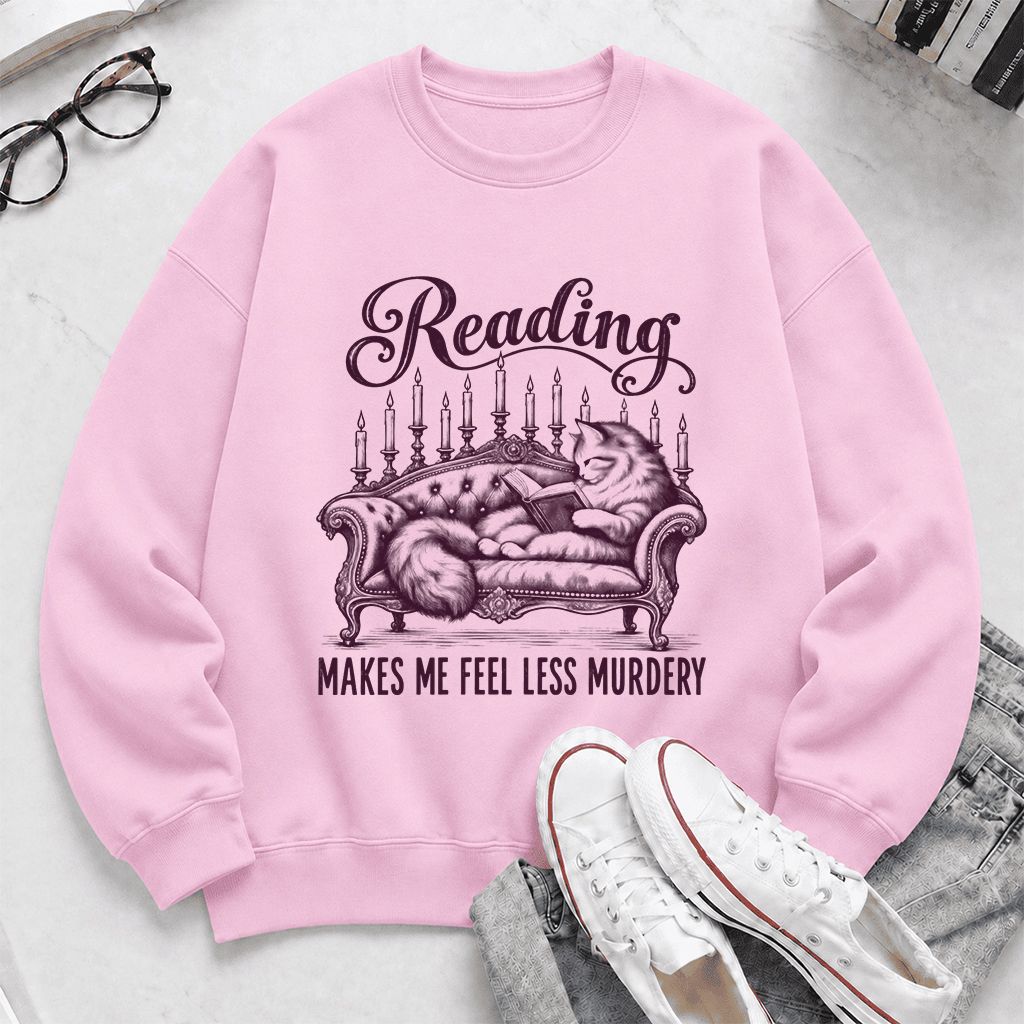 Reading Makes Me Feel Less Murdery Crewneck Sweatshirt | Funny Cat Reader Gift Light Pink
