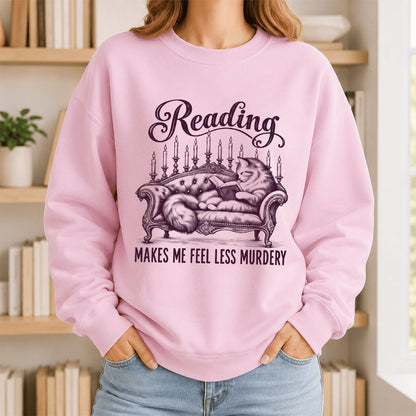 Reading Makes Me Feel Less Murdery Crewneck Sweatshirt | Funny Cat Reader Gift Light Pink