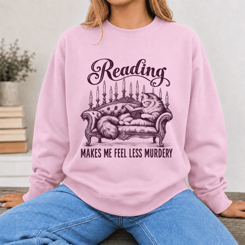 Reading Makes Me Feel Less Murdery Crewneck Sweatshirt | Funny Cat Reader Gift Light Pink