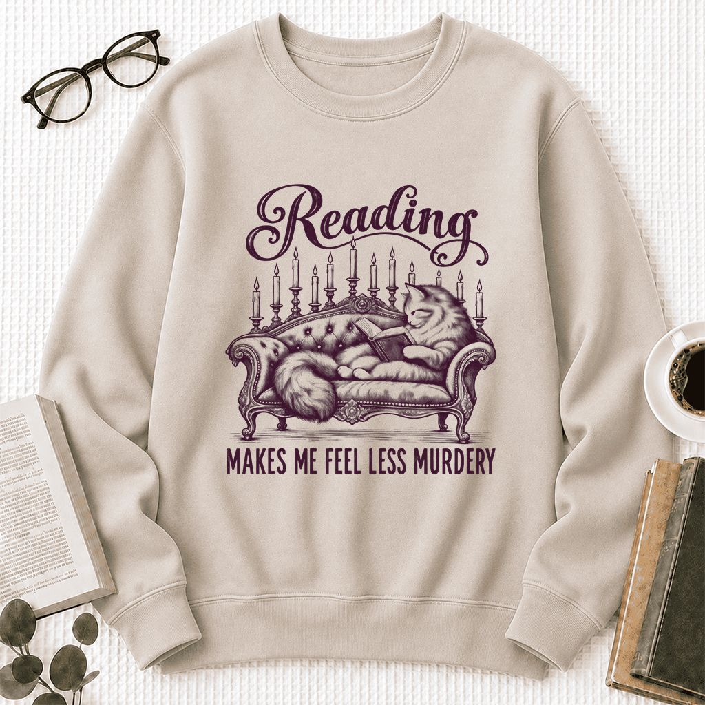 Reading Makes Me Feel Less Murdery Crewneck Sweatshirt | Funny Cat Reader Gift Sand