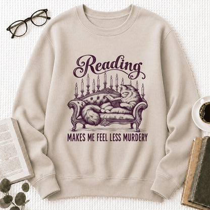 Reading Makes Me Feel Less Murdery Crewneck Sweatshirt | Funny Cat Reader Gift Sand
