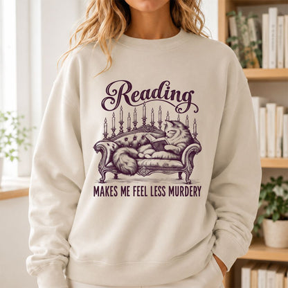 Reading Makes Me Feel Less Murdery Crewneck Sweatshirt | Funny Cat Reader Gift Sand