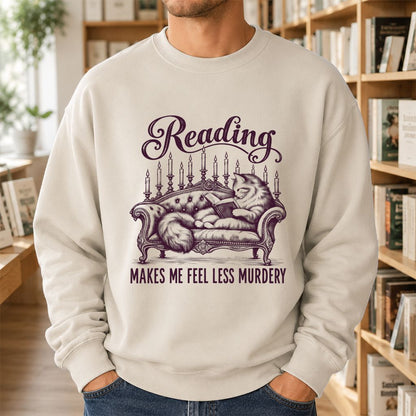 Reading Makes Me Feel Less Murdery Crewneck Sweatshirt | Funny Cat Reader Gift Sand