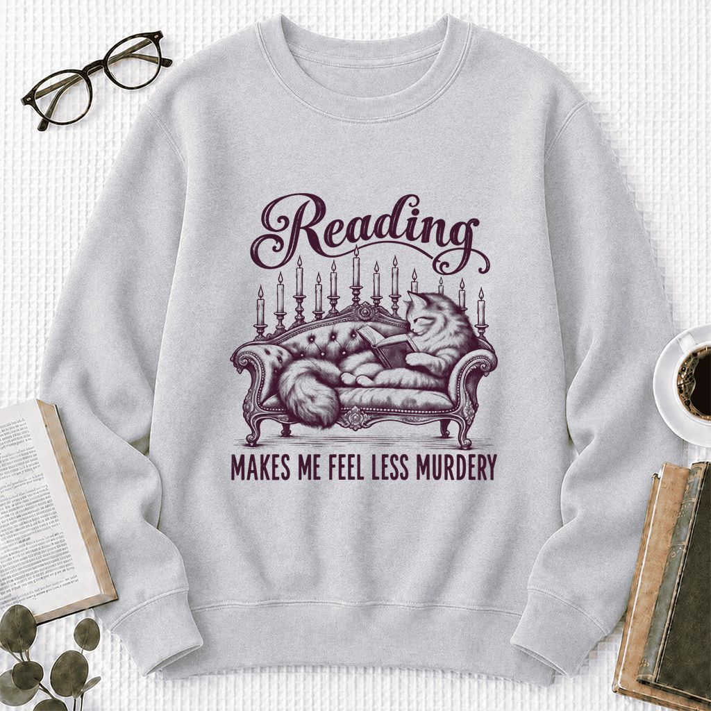 Reading Makes Me Feel Less Murdery Crewneck Sweatshirt | Funny Cat Reader Gift Sport Grey