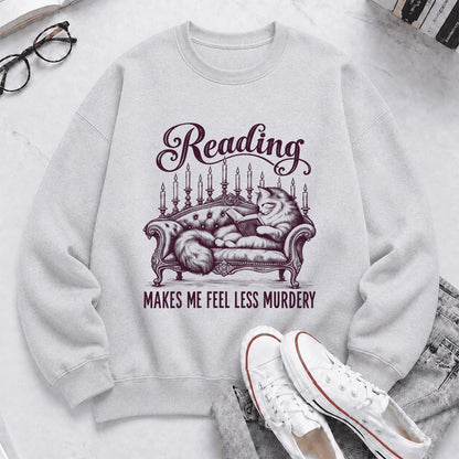 Reading Makes Me Feel Less Murdery Crewneck Sweatshirt | Funny Cat Reader Gift Sport Grey