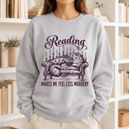 Reading Makes Me Feel Less Murdery Crewneck Sweatshirt | Funny Cat Reader Gift Sport Grey