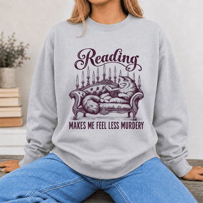 Reading Makes Me Feel Less Murdery Crewneck Sweatshirt | Funny Cat Reader Gift Sport Grey