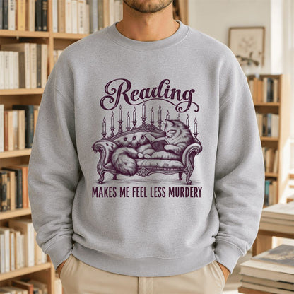 Reading Makes Me Feel Less Murdery Crewneck Sweatshirt | Funny Cat Reader Gift Sport Grey