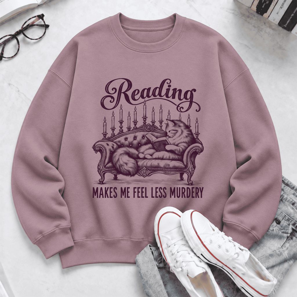 Reading Makes Me Feel Less Murdery Softstyle Sweatshirt | Funny Cat Reader Gift Paragon