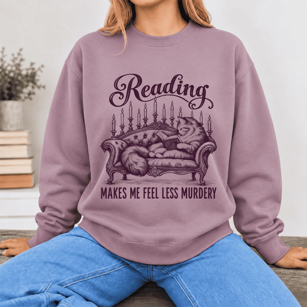 Reading Makes Me Feel Less Murdery Softstyle Sweatshirt | Funny Cat Reader Gift Paragon