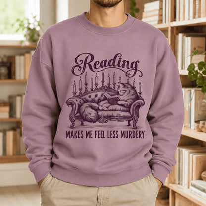 Reading Makes Me Feel Less Murdery Softstyle Sweatshirt | Funny Cat Reader Gift Paragon