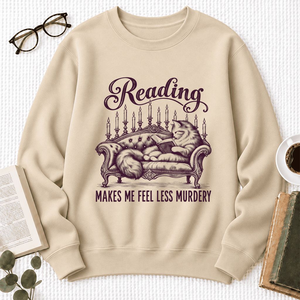 Reading Makes Me Feel Less Murdery Softstyle Sweatshirt | Funny Cat Reader Gift Sand