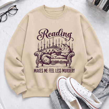 Reading Makes Me Feel Less Murdery Softstyle Sweatshirt | Funny Cat Reader Gift Sand