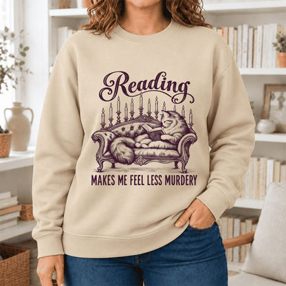 Reading Makes Me Feel Less Murdery Softstyle Sweatshirt | Funny Cat Reader Gift Sand