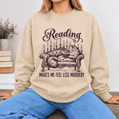 Reading Makes Me Feel Less Murdery Softstyle Sweatshirt | Funny Cat Reader Gift Sand