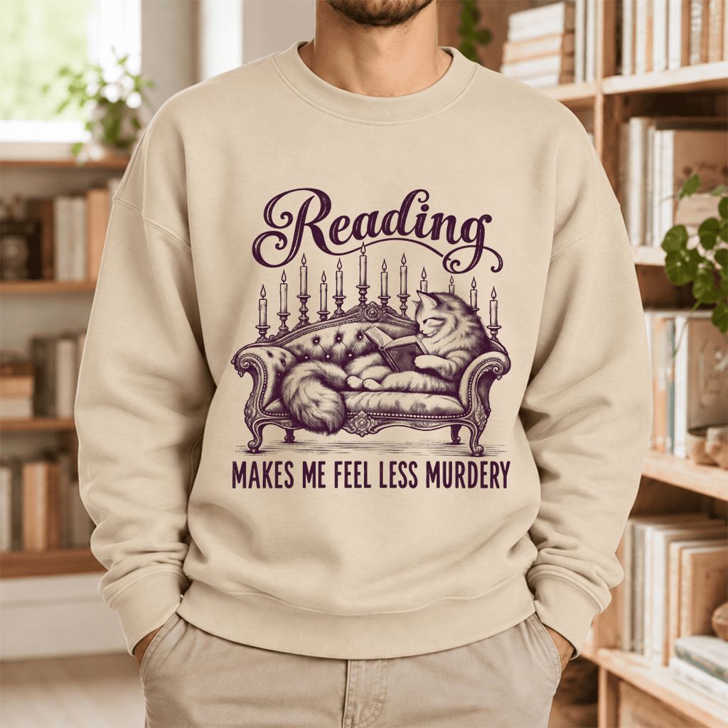 Reading Makes Me Feel Less Murdery Softstyle Sweatshirt | Funny Cat Reader Gift Sand