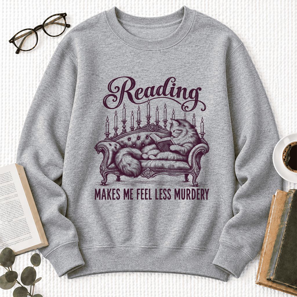 Reading Makes Me Feel Less Murdery Softstyle Sweatshirt | Funny Cat Reader Gift Sport Grey