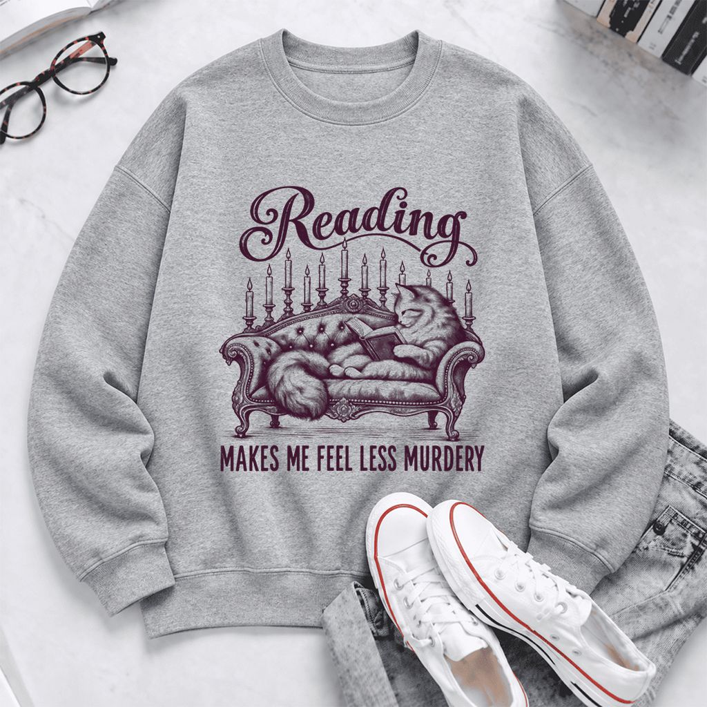 Reading Makes Me Feel Less Murdery Softstyle Sweatshirt | Funny Cat Reader Gift Sport Grey