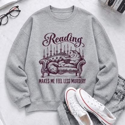 Reading Makes Me Feel Less Murdery Softstyle Sweatshirt | Funny Cat Reader Gift Sport Grey