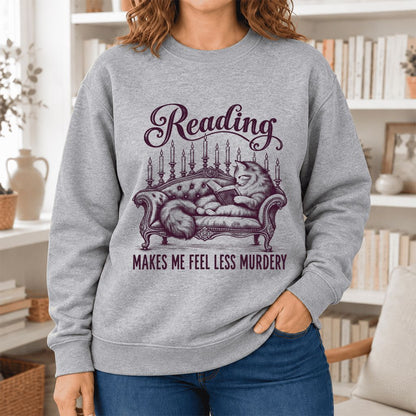 Reading Makes Me Feel Less Murdery Softstyle Sweatshirt | Funny Cat Reader Gift Sport Grey