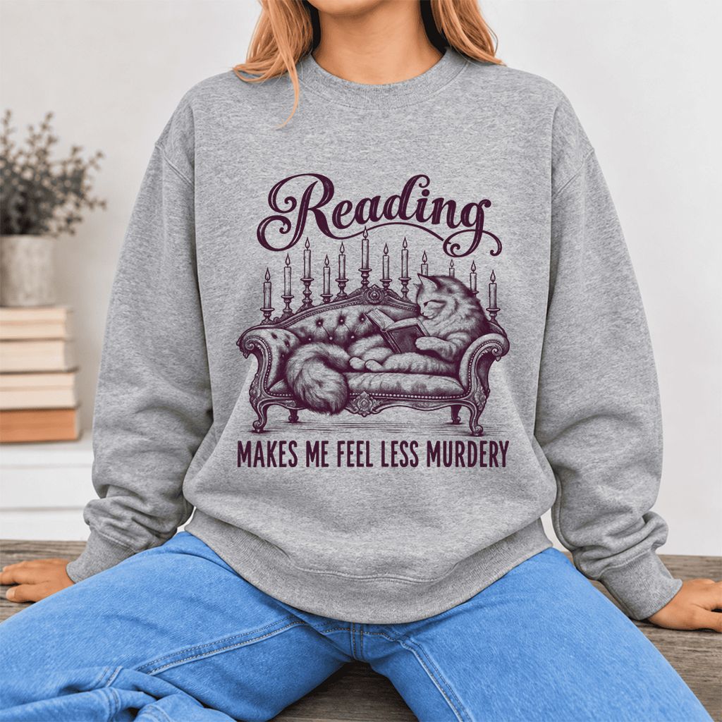 Reading Makes Me Feel Less Murdery Softstyle Sweatshirt | Funny Cat Reader Gift Sport Grey