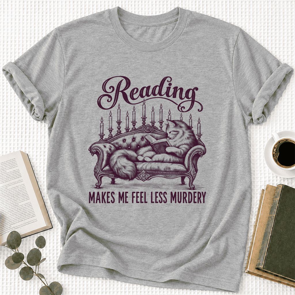 Reading Makes Me Feel Less Murdery Ultra-Soft Cotton T-Shirt | Cat Reader Gift Athletic Heather