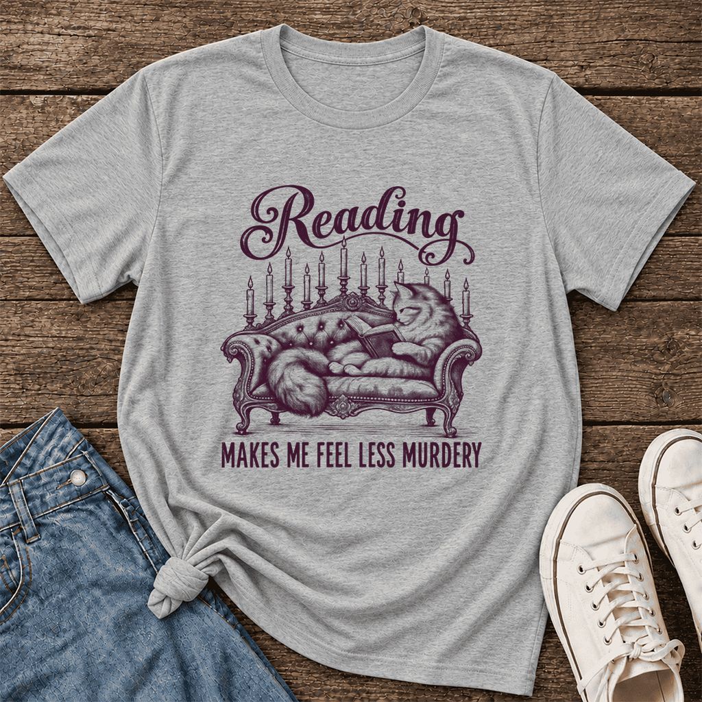Reading Makes Me Feel Less Murdery Ultra-Soft Cotton T-Shirt | Cat Reader Gift Athletic Heather