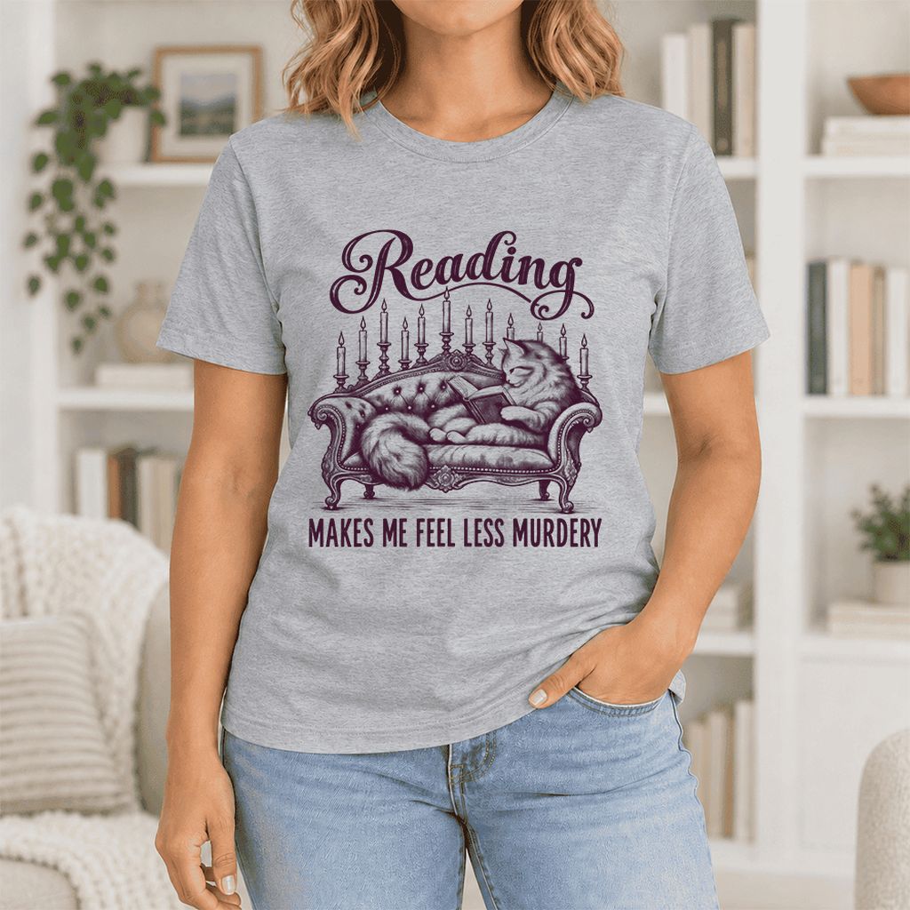 Reading Makes Me Feel Less Murdery Ultra-Soft Cotton T-Shirt | Cat Reader Gift Athletic Heather