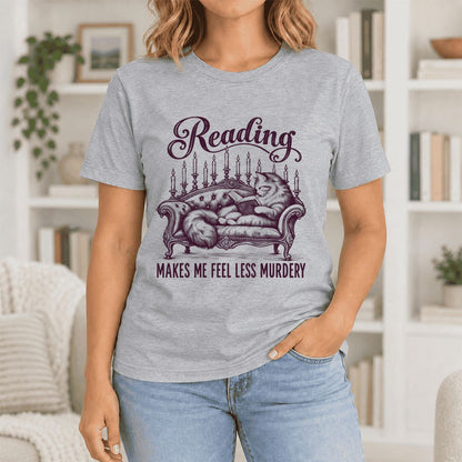 Reading Makes Me Feel Less Murdery Ultra-Soft Cotton T-Shirt | Cat Reader Gift Athletic Heather